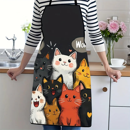 Cute Cat Pattern Polyester Apron  Vibrant Cartoon Cats with Hearts & Stars DesignKitchen Apron for Cooking, Baking Home Decor